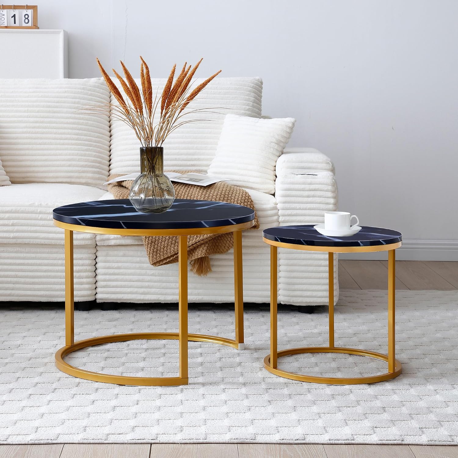 Anwick Set of 2 Circular Coffee Table, Nesting Design for Living Room, Small Round & Circle Coffee Table for Apartment, Sturdy Metal Frame (Black+Gold)