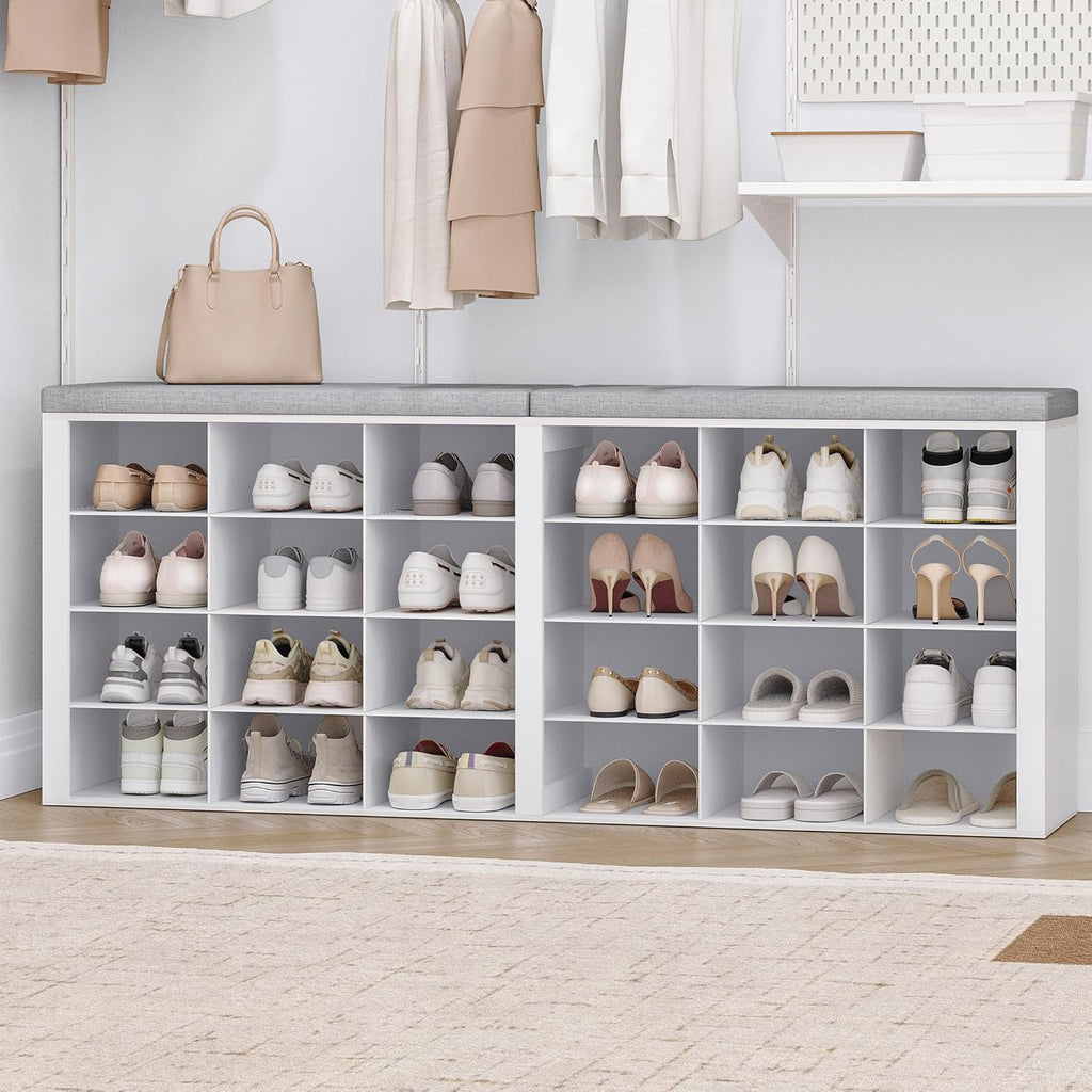 Hzuaneri Shoe Storage Bench with Cushion, Entryway Storage Bench with 24 Cubbies, 9.5" Widened Organizer Cabinet, Long Cubby Rack for Living Room, Bedroom, Entryway, White SB32403GY