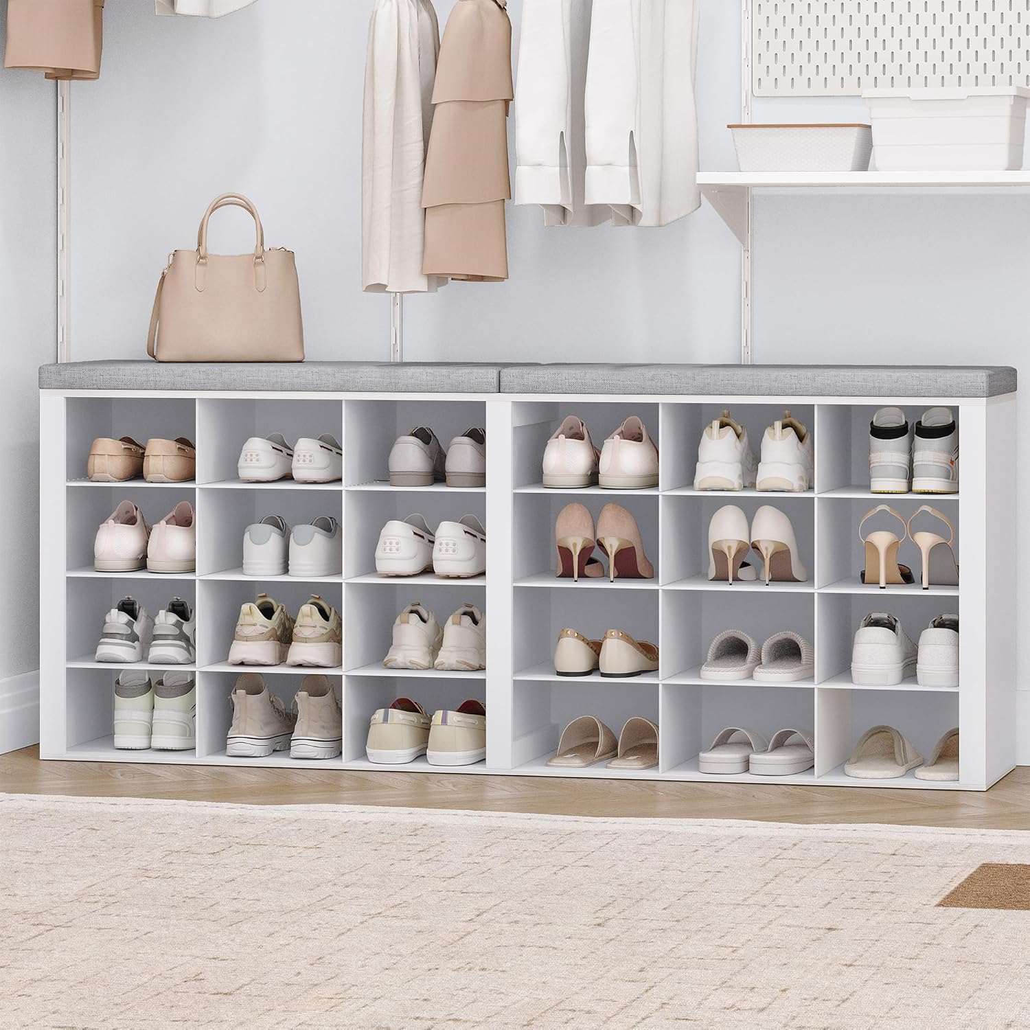Hzuaneri Shoe Storage Bench with Cushion, Entryway Storage Bench with 24 Cubbies, 9.5" Widened Organizer Cabinet, Long Cubby Rack for Living Room, Bedroom, Entryway, White SB32403GY