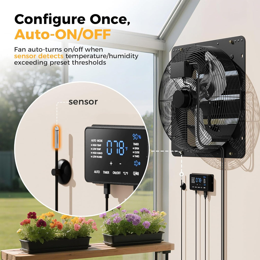 18 Inch EC Motor Shutter Exhaust Fan, 6 Inch Large Touchscreen Controller for Temp Humidity and Speed Control, 10-Speed Wall Mount Fan for Attic, Greenhouse, Garage, Chicken Coop Ventilation