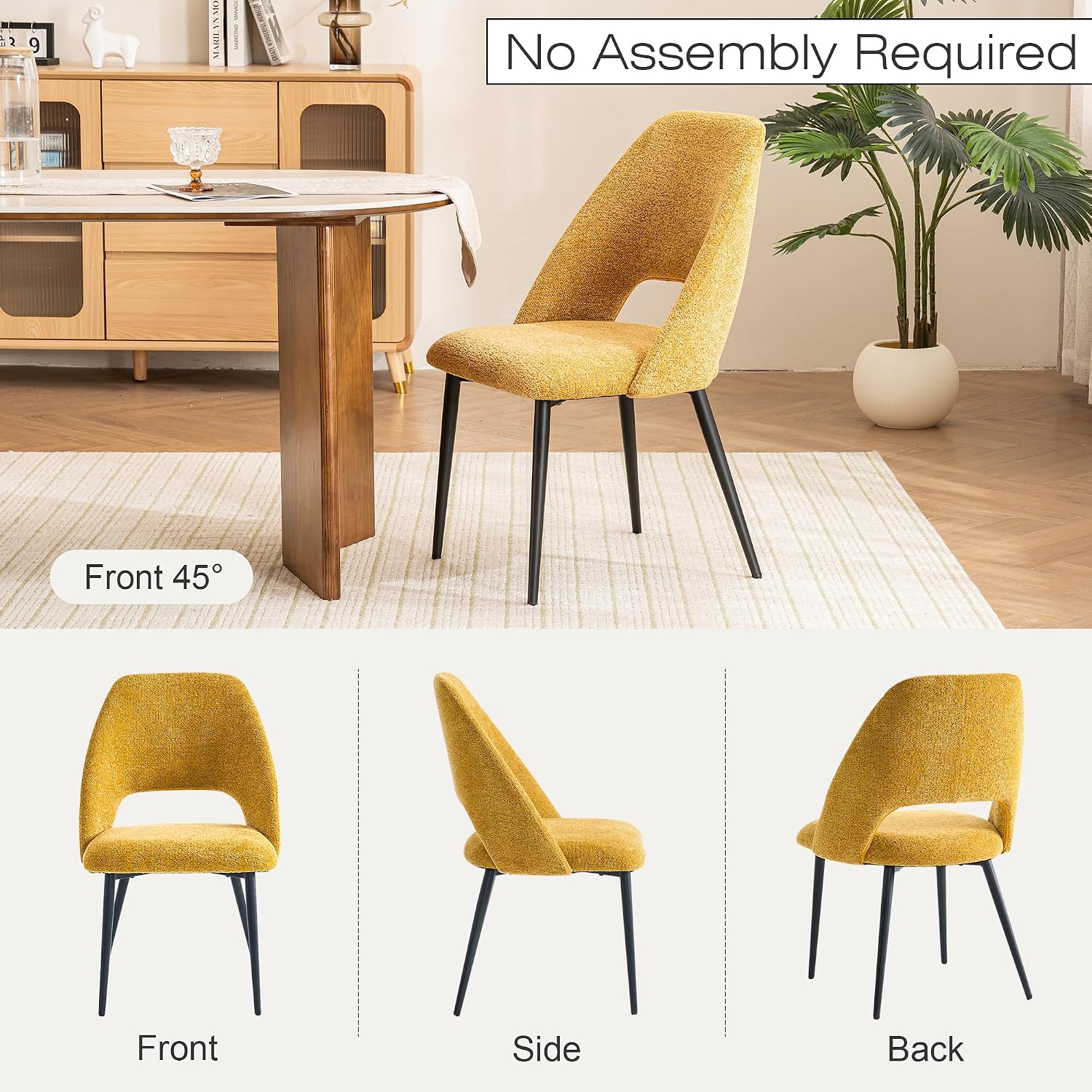 Rowill Boucle Dining Chairs Set of 4, Morden Upholstered Dining Room Kitchen Chairs with Metal Legs for Living Room, Bedroom, Restaurant, Yellow