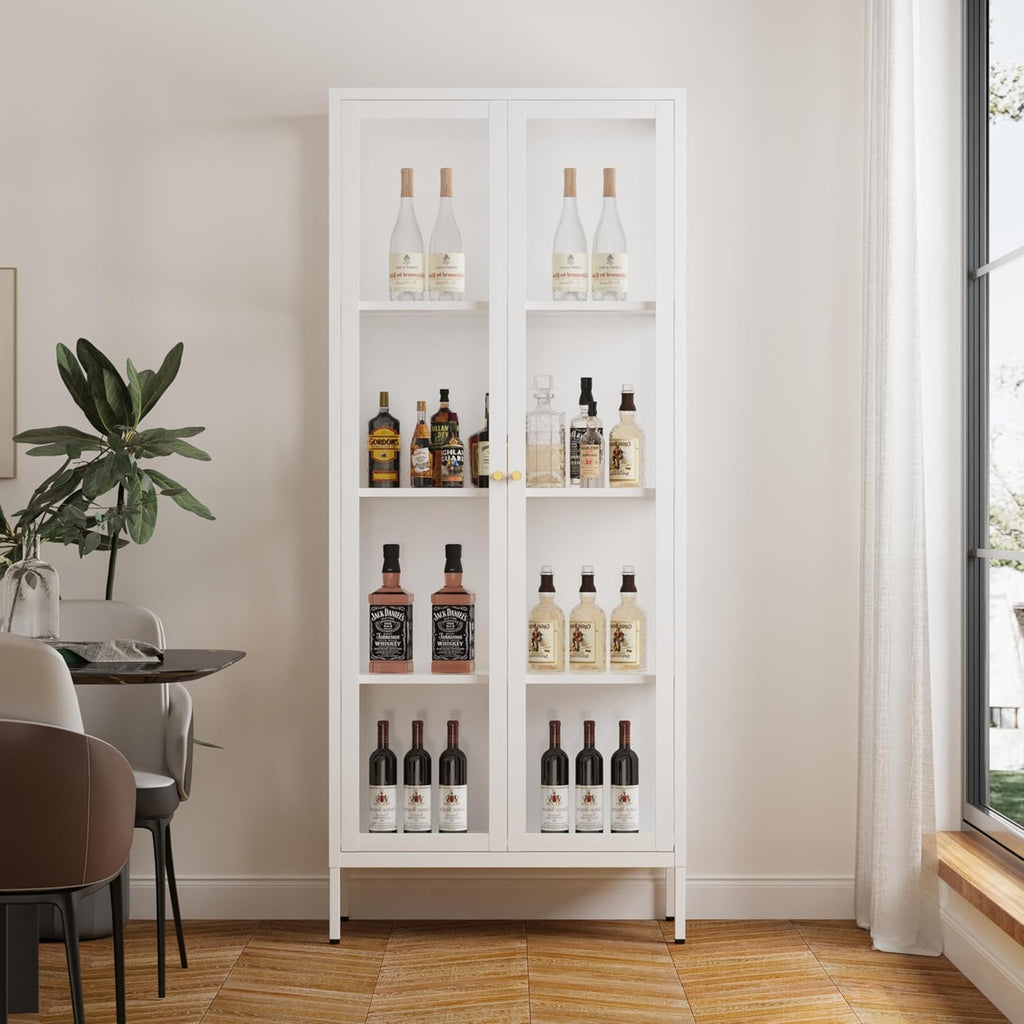 Glass Display Cabinet, 66" Tall Metal Storage Cabinet with Doors and Adjustable 3 Shelves, White Curio Glass Showcase, Pantry Storage Cabinet, Large Display Case for Living Room, Hallway, Kitchen