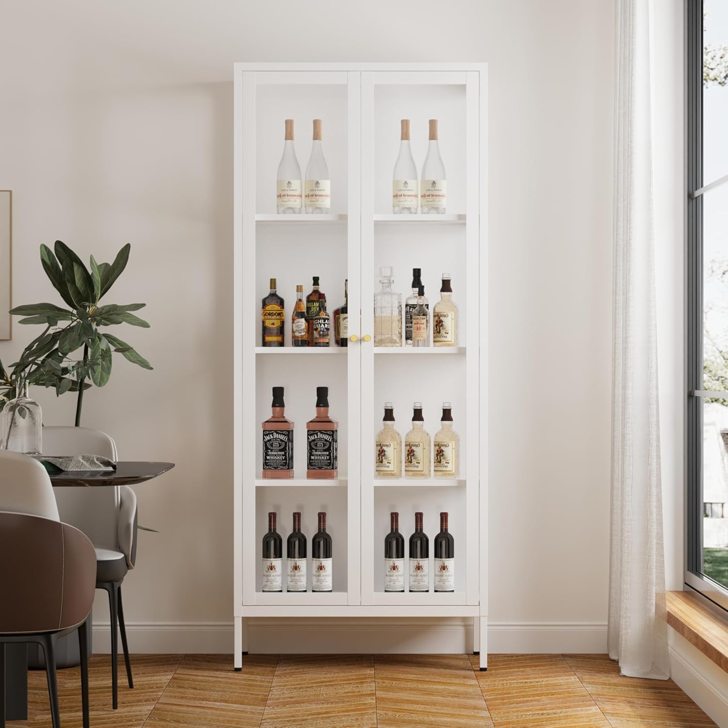 Glass Display Cabinet, 66" Tall Metal Storage Cabinet with Doors and Adjustable 3 Shelves, White Curio Glass Showcase, Pantry Storage Cabinet, Large Display Case for Living Room, Hallway, Kitchen