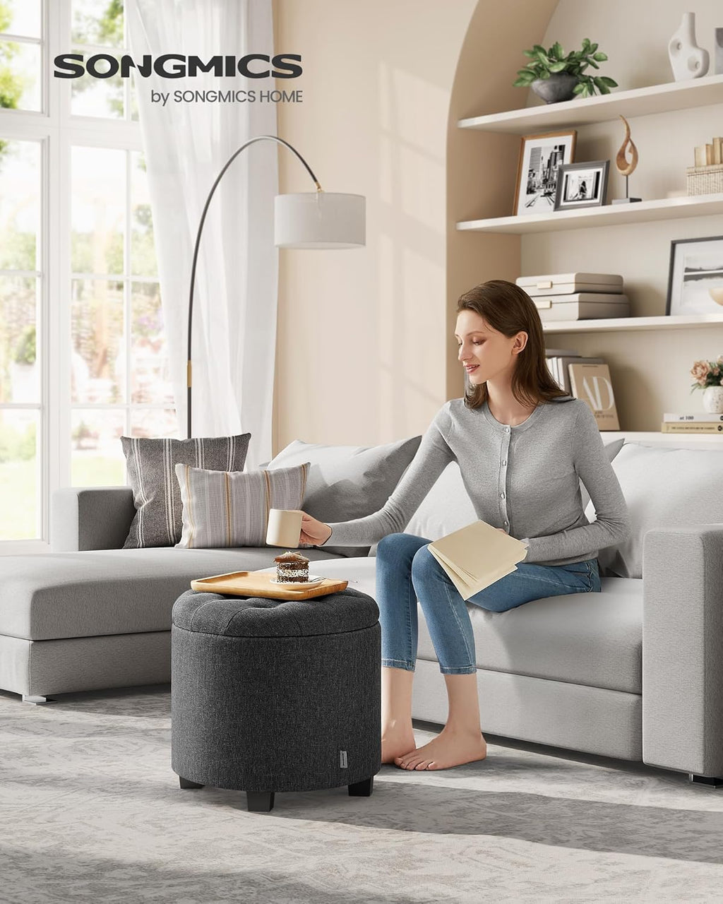 SONGMICS Round Ottoman with Storage, Vanity Stool, Linen-Look Fabric | Upholstered Foot Stool, 17.7 x 17.7 x 17.5 Inches, Removable Lid, Easy Assembly, Slate Gray, MACEO Collection ULOM011G01