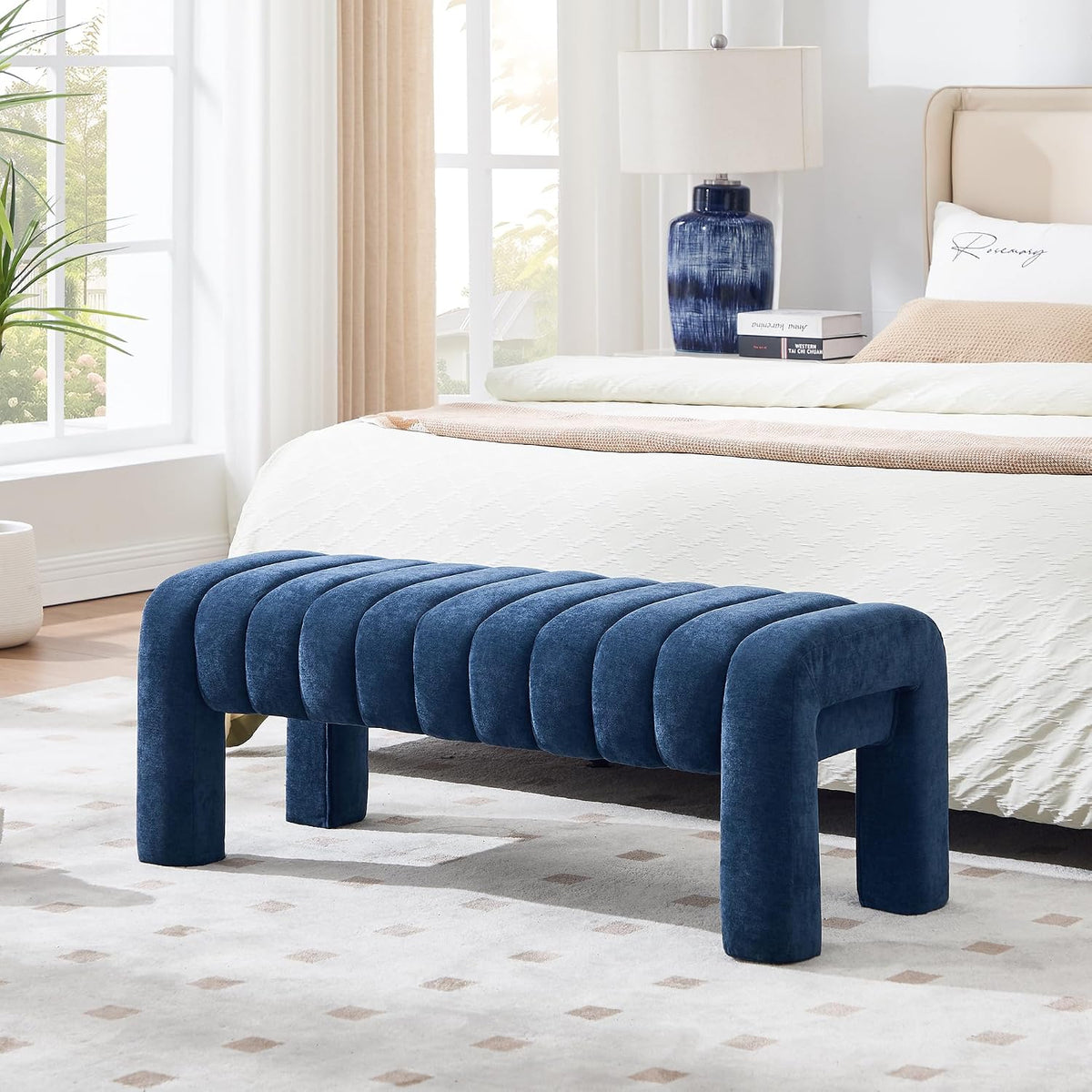 43.3" Bedroom Bench, Upholstered Entryway Bench, Modern End of Bed Ottoman with Solid Wood Legs and Adjustable Foot Pegs for Entryway, Dining Room and Living Room (Blue Chenille)