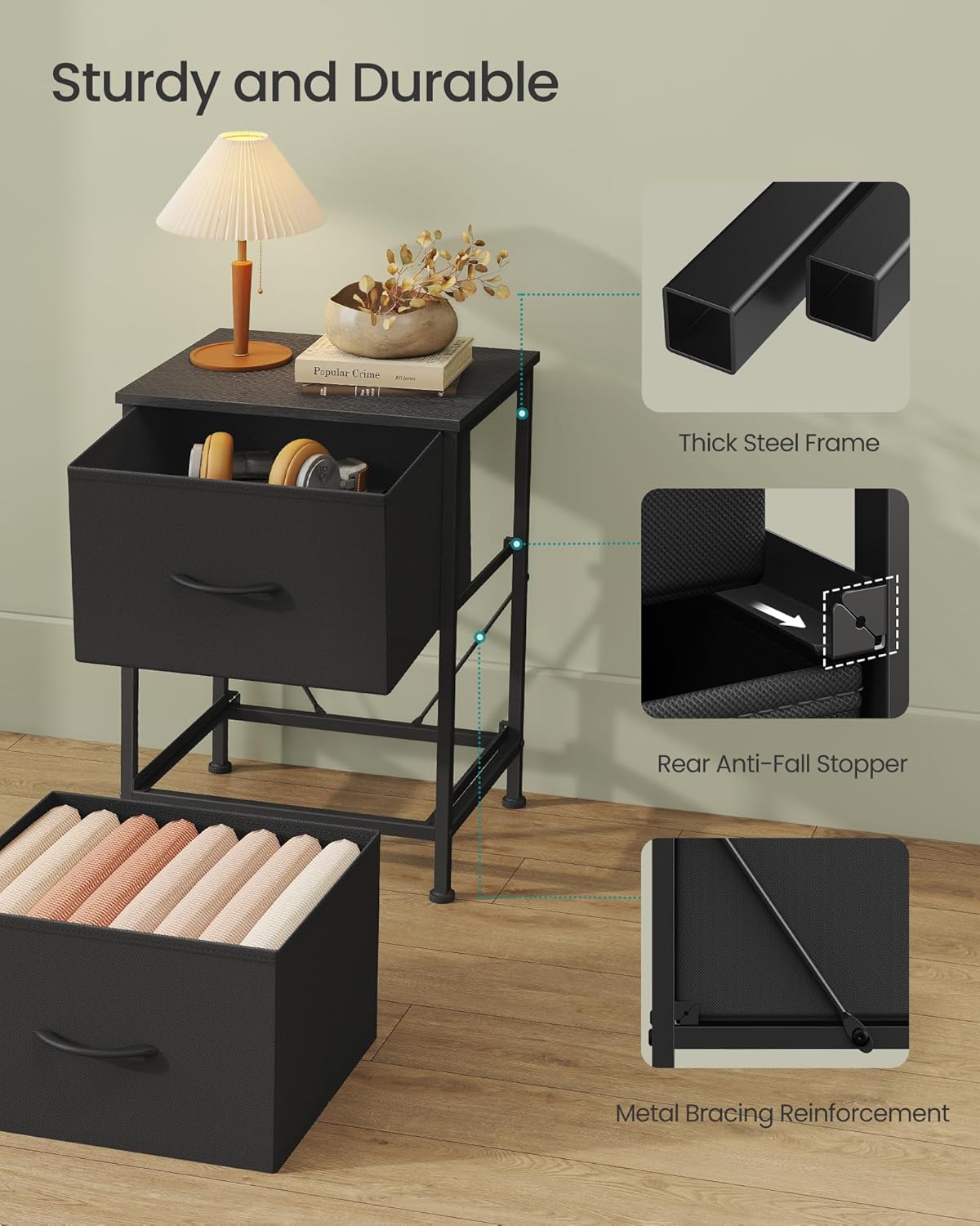 SONGMICS BELLAH Collection - Night Stand with 2 Drawers, Bedside Table, Side End Table, Nightstand for Bedroom, Modern, Ink Black and Ebony Black ULGS312B01S