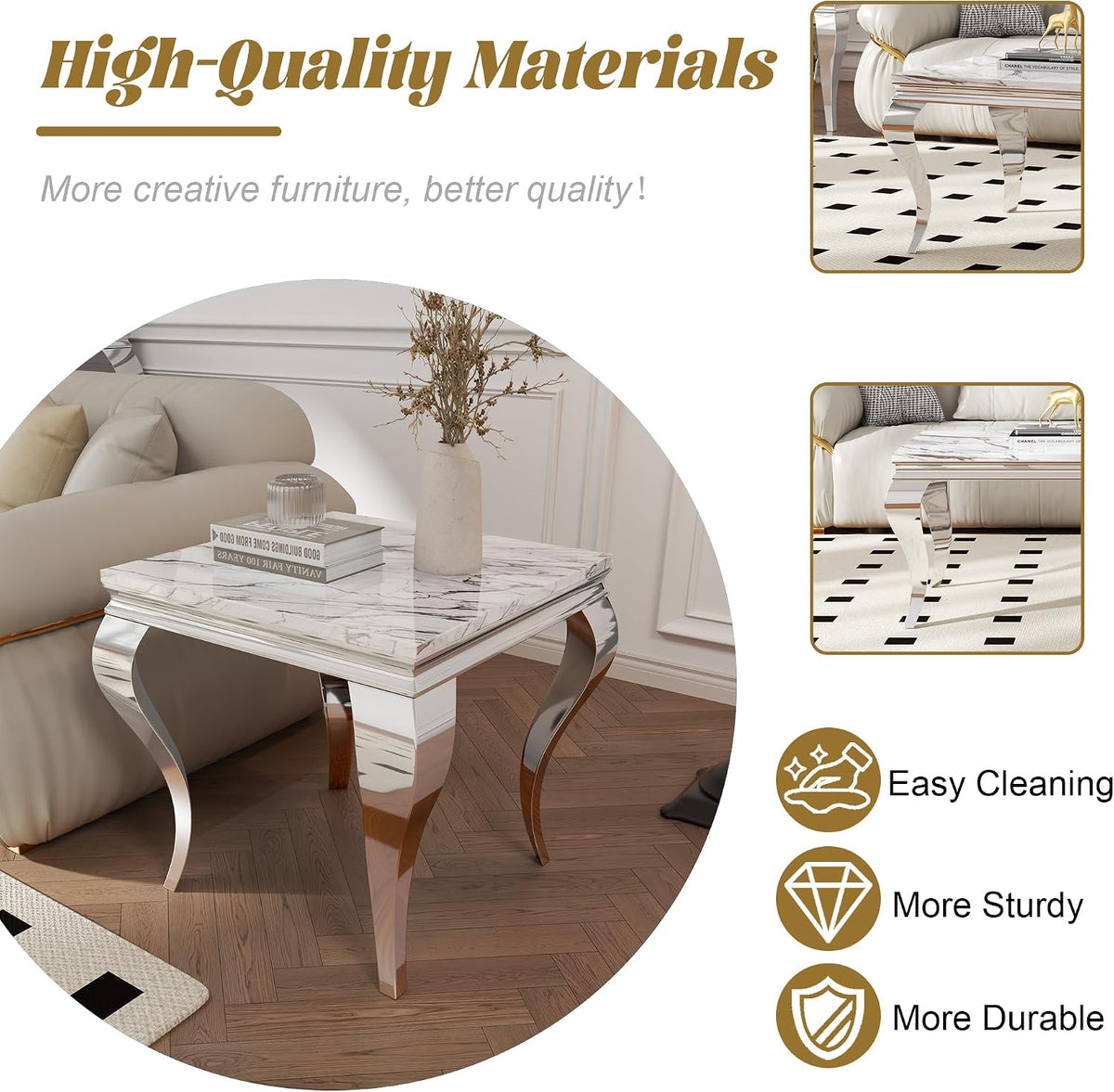 Square Faux Marble End Table, Modern Elegant Side Table with Stainless Steel Legs and Silver Mirrored Finish, Luxury End Table for Living Room, Bedroom, Office