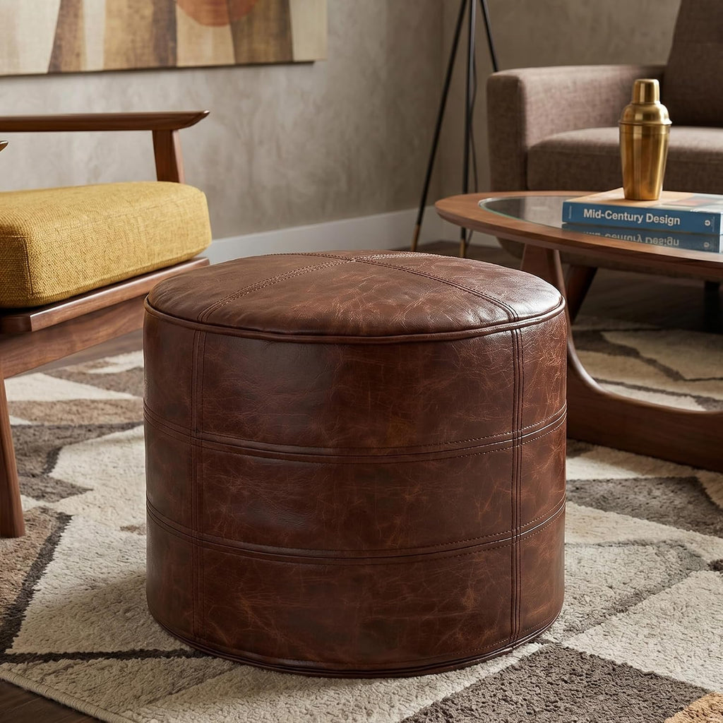 SIMPLIHOME Connor 18" Wide Genuine Leather Round Pouf in Weathered Camel | Boho leather pouf with polystyrene filling; assembled footstool, round ottoman or extra seating for living room or bedroom.