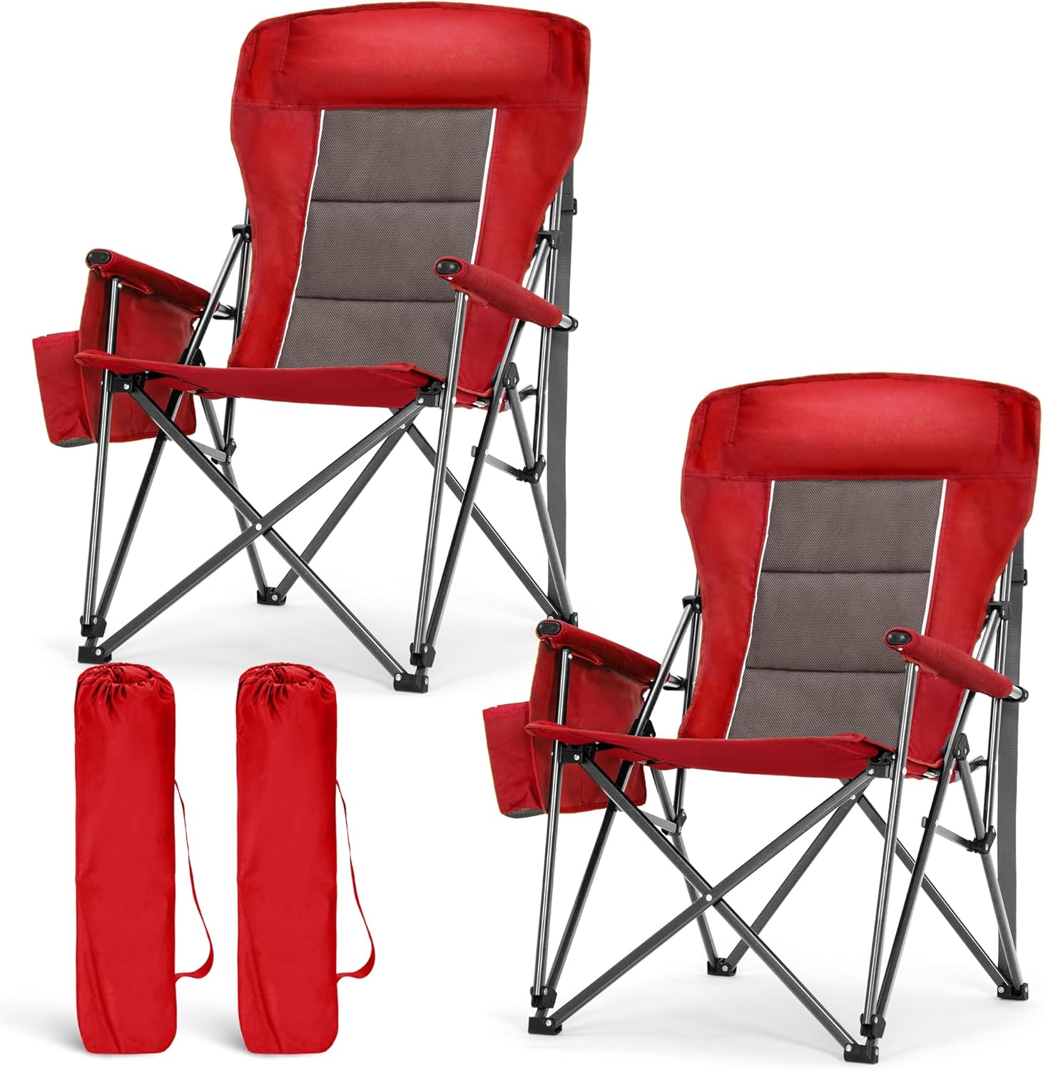 LET'S CAMP Oversized 29.52" High Back Camping Chairs Heavy Duty Lawn Chair Support 500LBS, Collapsible Chair with Cup Holder, Side Pocket,2 Pack(Red)