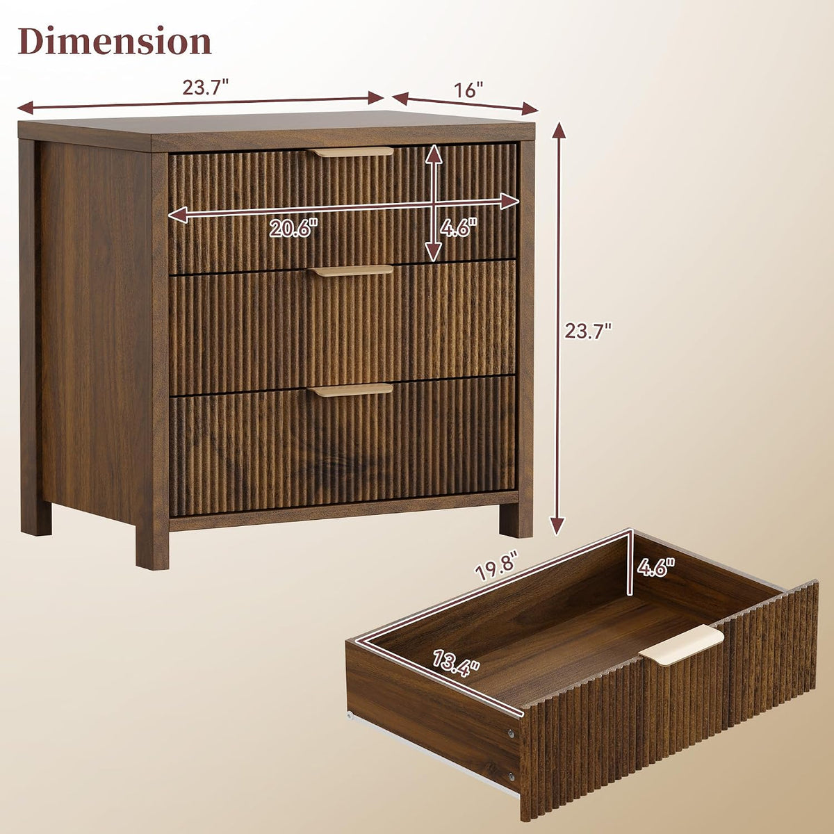 Fluted Nightstands Set of 2, 23.7'' Wide Night Stand with 3 Drawers, Mid-Century Modern Bedside Table with Handles, Wood End Table for Bedroom, Walnut