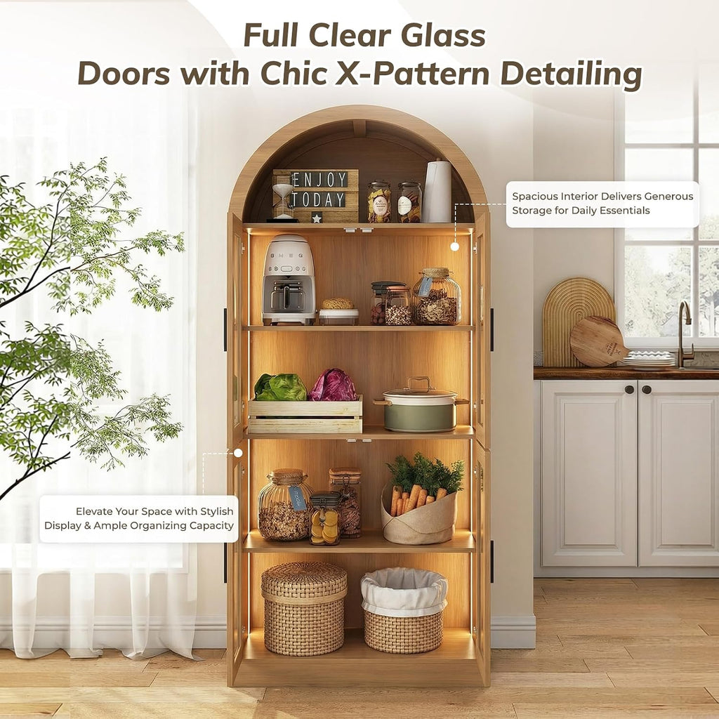 71” Tall Arched Kitchen Pantry with X-Pattern Glass Doors & RGB Lighting, Storage Cabinet Display Cabinet with Adjustable Shelves, Modern Pantry Cabinet for Kitchen, Living Room & Dining Room