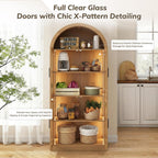 71” Tall Arched Kitchen Pantry with X-Pattern Glass Doors & RGB Lighting, Storage Cabinet Display Cabinet with Adjustable Shelves, Modern Pantry Cabinet for Kitchen, Living Room & Dining Room