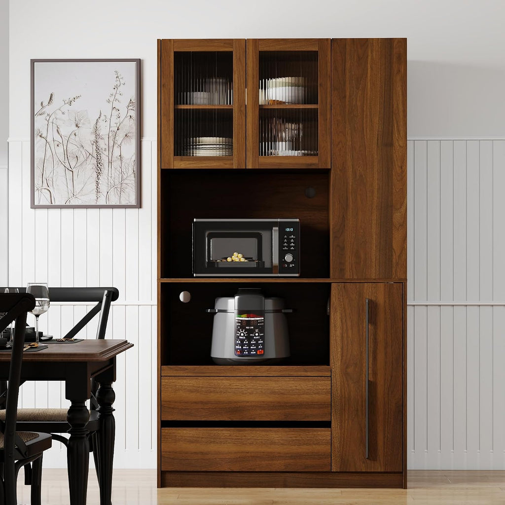 71" Tall Kitchen Pantry Cabinet with Storage, Farmhouse Kitchen Storage Cabinet with 4-Tier Side Shelf & 2 Drawers, Freestanding Cupboard with Glass Door and Microwave Stand for Dining Room, Walnut