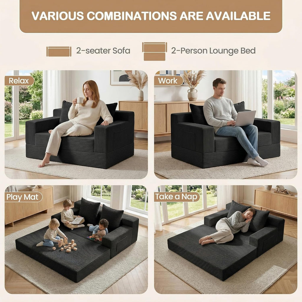 Loveseat Small Couch Bed, Futon Sleeper Sofa Bed,Convertible Pull Out Couch with 2 Pillows,Corduroy Folding Floor Couch for Living Room,No Assembly Required,Black