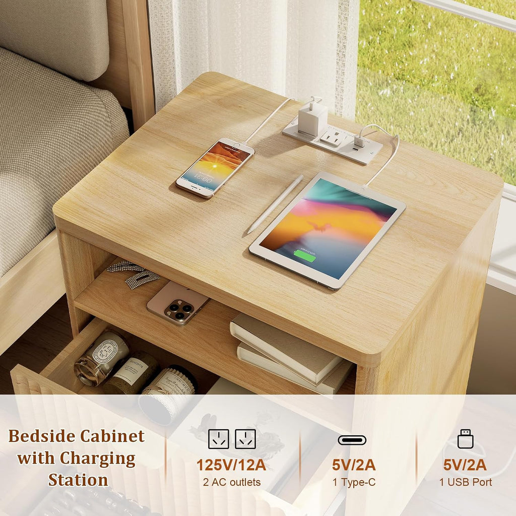 LYNCOHOME Fluted Nightstand with Charging Station, 19.7 inch Wide End Table with 2 Drawers, Modern Wood Bedside Table for Bedroom,Natural,1 Pcs