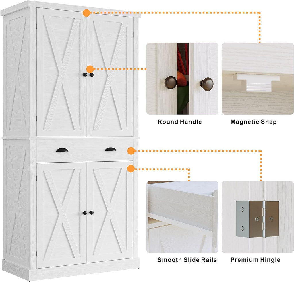 IRONCK Kitchen Pantry Storage Cabinet 72.6" H x 24" W, White | Freestanding Storage Cabinet with Barn Doors, Drawer, 4 Adjustable Shelves, Tall Snack Food Cabinet for Dining Room