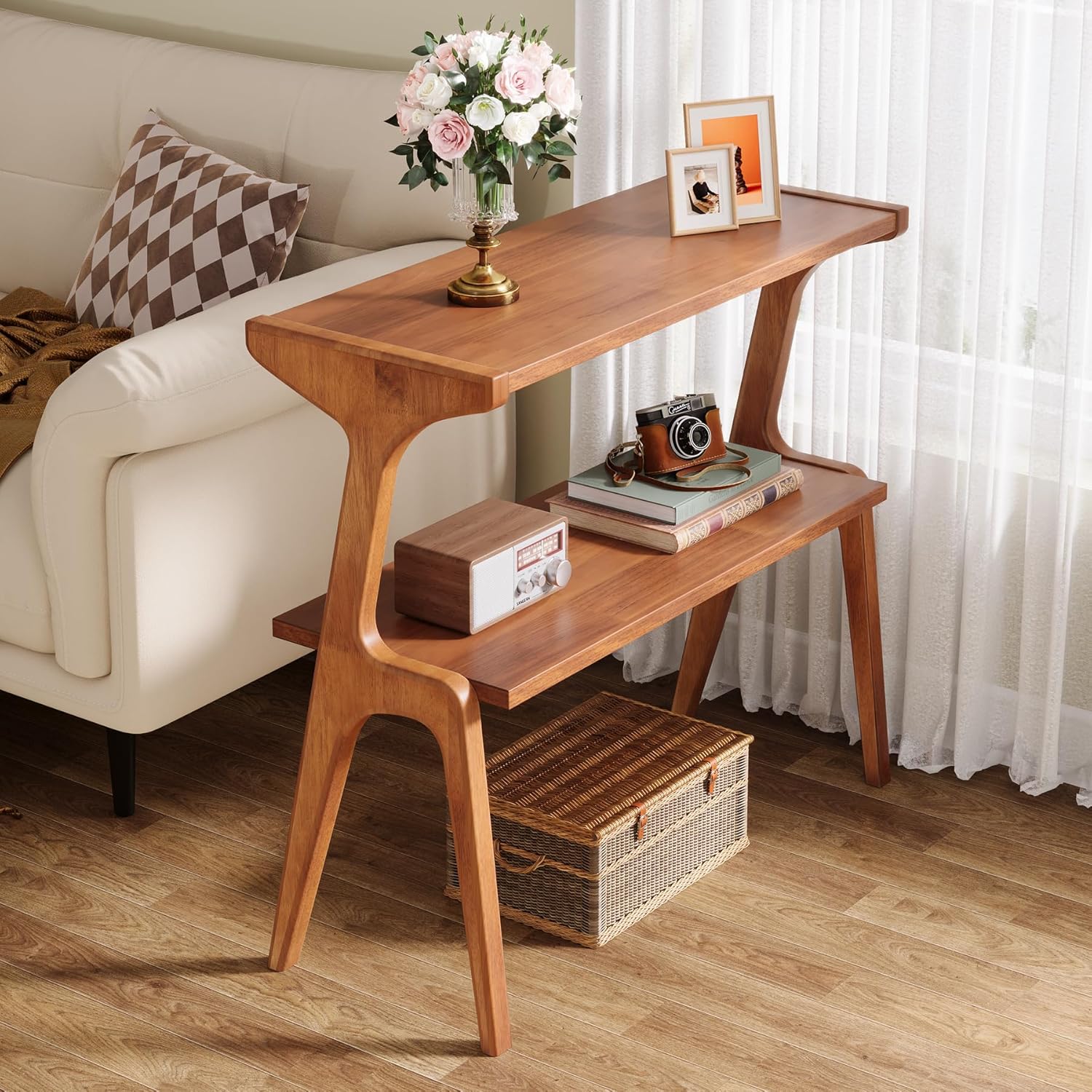 Tribesigns Set of 2 Solid Wood Side Table, 2-Tier Couch End Table with Storage Shelves, Mid-Century Modern Sofa End Table with Cute Legs, Wooden Bedside Table for Bedroom, Living Room, Cherry