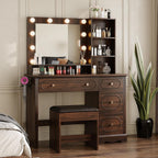 42" Walnut Brown Makeup Vanity Desk with Mirror & Lights & Charging Station | Dark Wood Dressing Table Make Up Desk, Power Outlets & USB Ports, Open Storage, 4 Drawers, Blow Dryer Holder, Vanity Bench