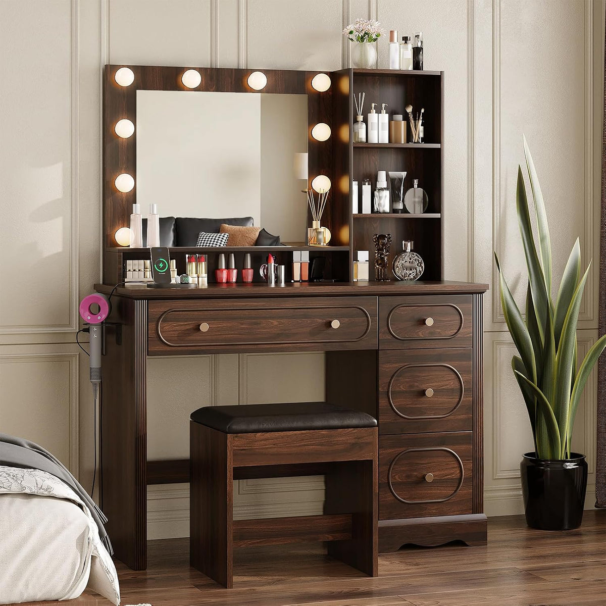 42" Walnut Brown Makeup Vanity Desk with Mirror & Lights & Charging Station | Dark Wood Dressing Table Make Up Desk, Power Outlets & USB Ports, Open Storage, 4 Drawers, Blow Dryer Holder, Vanity Bench