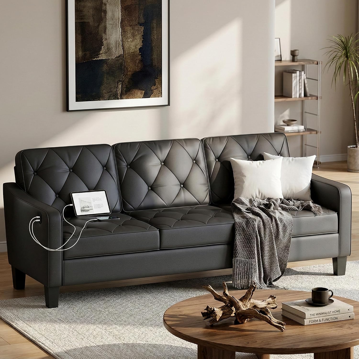 83" Black Faux Leather 3 Seater Couch, Mid Century Tufted Sofa Living Room | STHOUYN Office Couch, Tufted Design, High Resilience Foam, 700 lb Capacity, Easy Assembly, Waiting Room Area, Small Couches