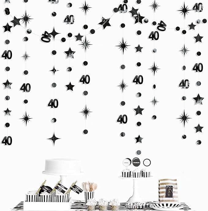 Black 40th Birthday Decorations Number 40 Circle Dot Twinkle Star Garland Metallic Hanging Streamer Bunting Banner Backdrop for Women Mens 40 Year Old Birthday Forty Anniversary Party Supplies