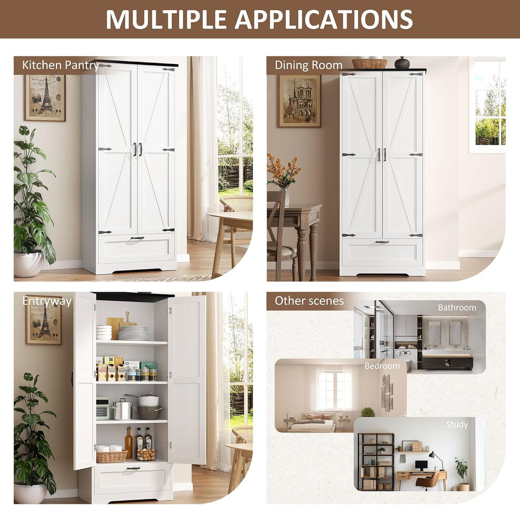 Vongrasig Kitchen Pantry Storage Cabinet with Barn Doors, Drawer and Adjustable Shelves, 4-Tier Tall Rustic Wood Cupboard Locker for Kitchen, Dining Room, Living Room, Bathroom, (White)
