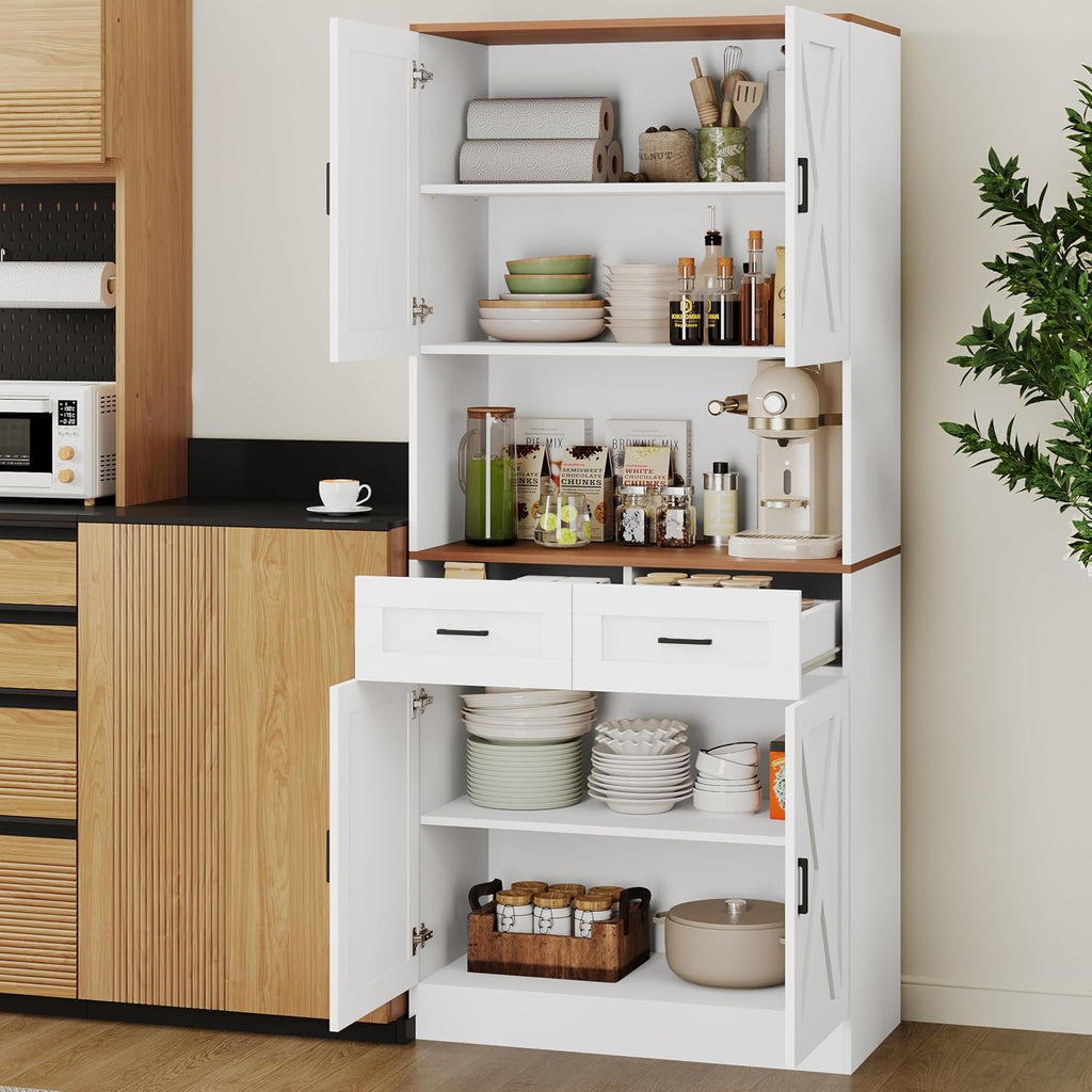 71" Tall Farmhouse Kitchen Pantry Cabinet , Storage Freestanding Cupboard, Modern Kitchen Hutch Bar Cabinet with Microwave Stand, Wood Buffet Sideboard with Drawers Shelves for Dining Room-White