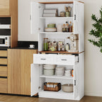71" Tall Farmhouse Kitchen Pantry Cabinet , Storage Freestanding Cupboard, Modern Kitchen Hutch Bar Cabinet with Microwave Stand, Wood Buffet Sideboard with Drawers Shelves for Dining Room-White