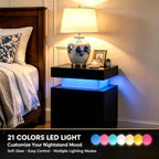 Nightstand Set of 2, Night Stands with LED Lights, Bedside Table End Side Table with Storage Cabinet for Bedroom, Black
