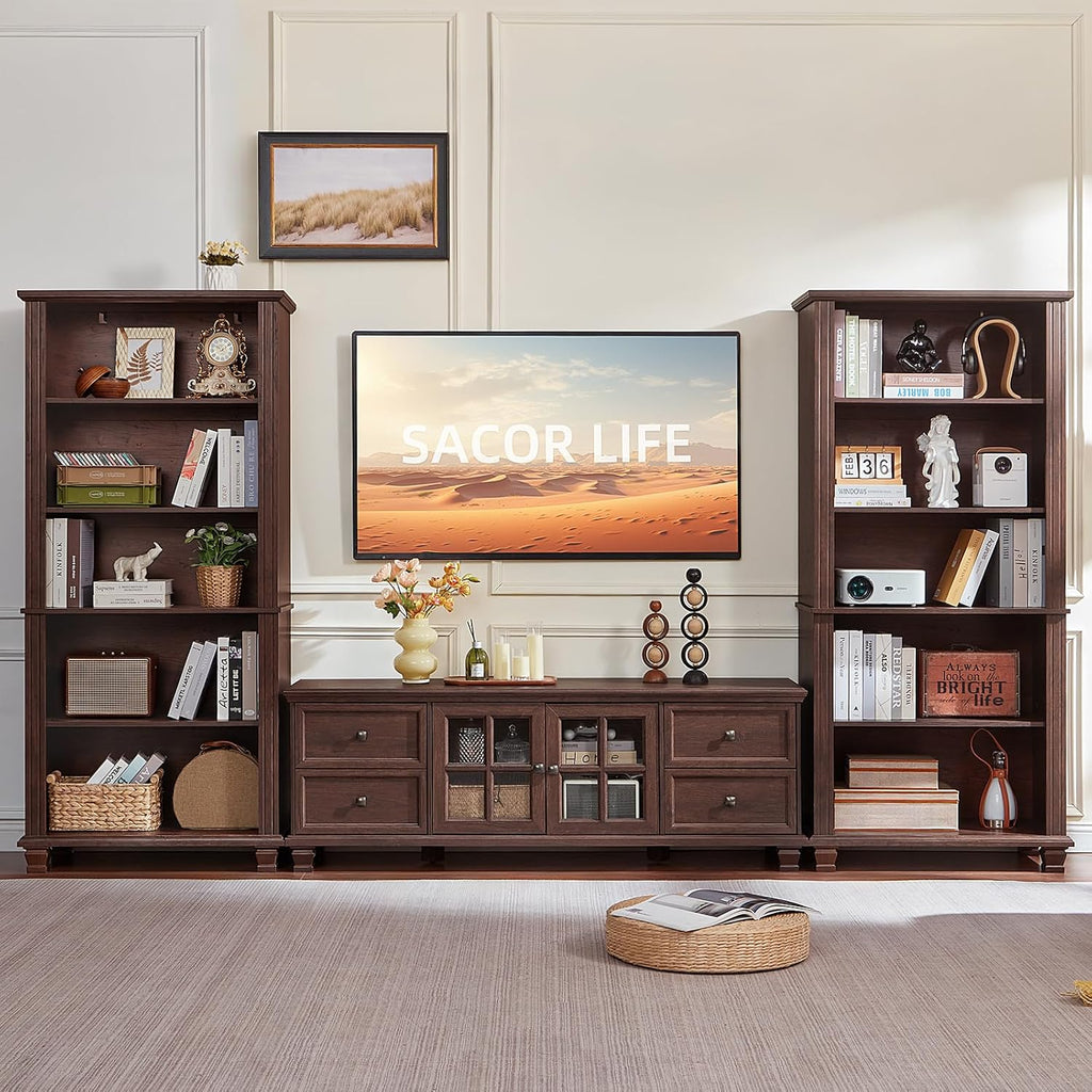 SAVOR LIFE Farmhouse TV Stands for Living Room, Walnut | Heavy-Duty Rustic Entertainment Center with 4 Drawers & Thickened Top & Square Wooden Legs for 65 Inch TV