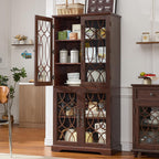 Joaxswe 67" Tall Pantry Cabinet, Wood Kitchen Pantries Cabinets with Glass Doors & Adjustable Shelves, Freestanding Vintage Cupboard with Large Storage for Dining Room, Bathroom, Walnut