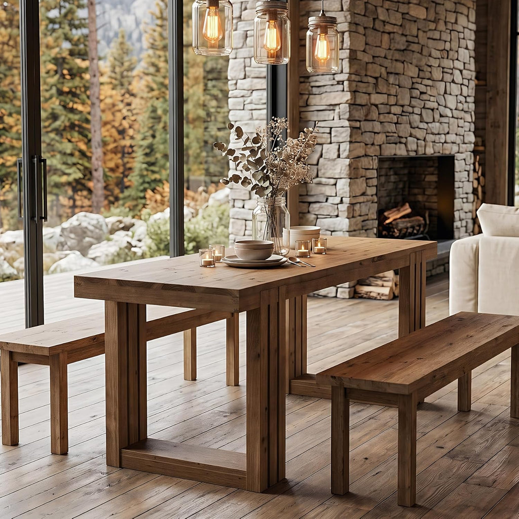 LITTLE TREE Solid Wood Dining Table, 61.8” Dining Table for 4-6 People, Rectangular Wood Kitchen Table, Farmhouse Dinner Table with U-Shaped Legs for Kitchen, Dining Room, Kitchen, Rustic Brown
