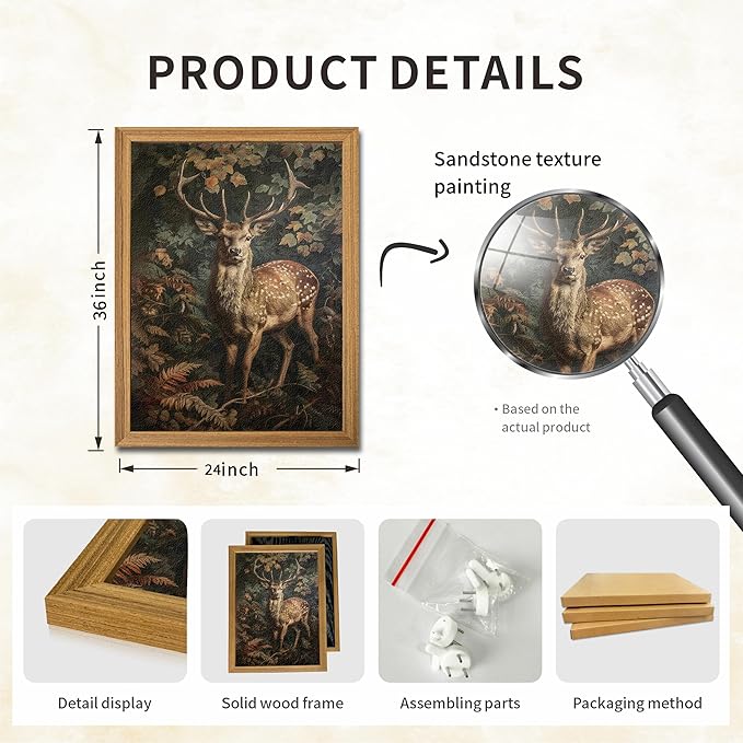 Framed 3D Textured Vintage Wall Art - Dark Academia Decor Sika Deer Hand Drawn Sandstone Paintings with Botanical Florals, Aesthetic Wall Decor for Living Room Bedroom Home 24x36 inch