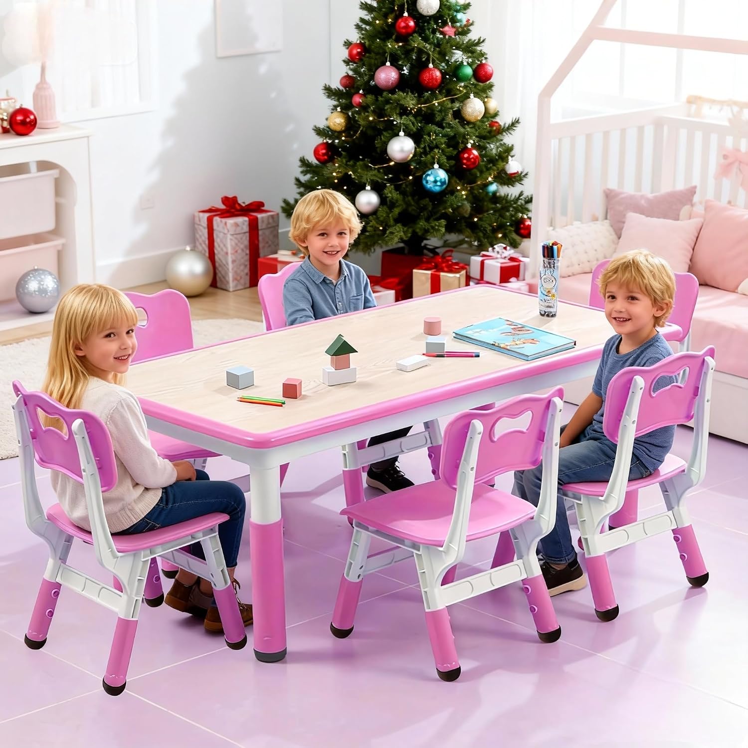 GarveeHome Kids Table and 6 Chair Set - Height Adjustable, Multifunctional Desk, Ergonomically Designed Chairs, Max 300 LBS, for Ages 2-10, Classroom, Daycares, Home