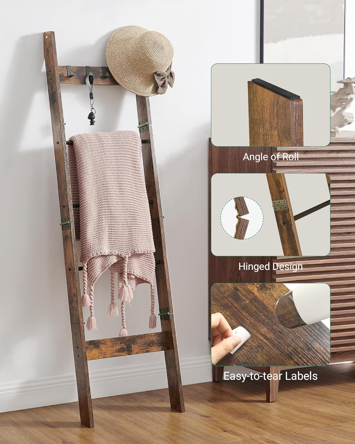 Hzuaneri Blanket Ladder for Living Room, Decorative Quilt Rack with 4 Removable Hooks, 5-Tier Farmhouse Ladder Holder Shelf Organizer for Bedroom, Rustic Brown and Black 02101BBR