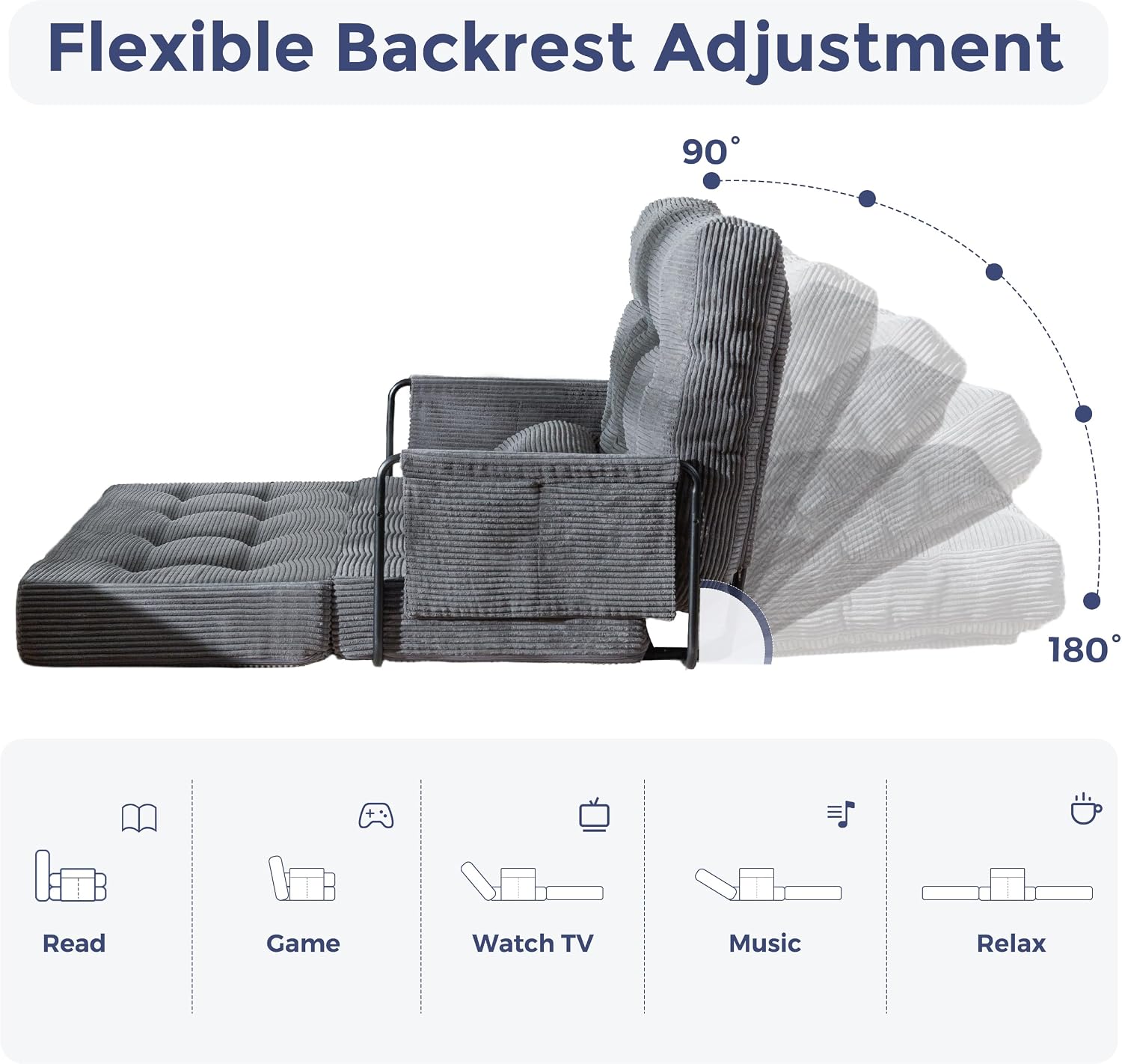 MAXYOYO Adjustable Folding Sofa Bed Couch with 2 Pillows, Dark Grey | Multi-Functional Bean Bag Bed, 5-Position Foldable Lazy Floor Sofa Bed with Armrest, Versatile Floor Seating for Reading