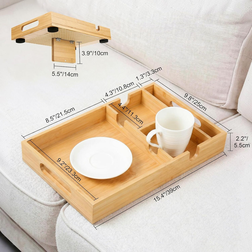 Couch Tray Insert for Middle Seat, Couch Table with 2 Cup Holders | Fits Armless Sofa & Sectionals, Sofa Armrest Organizer for Snacks, Drinks, Remotes, Phones, Bamboo