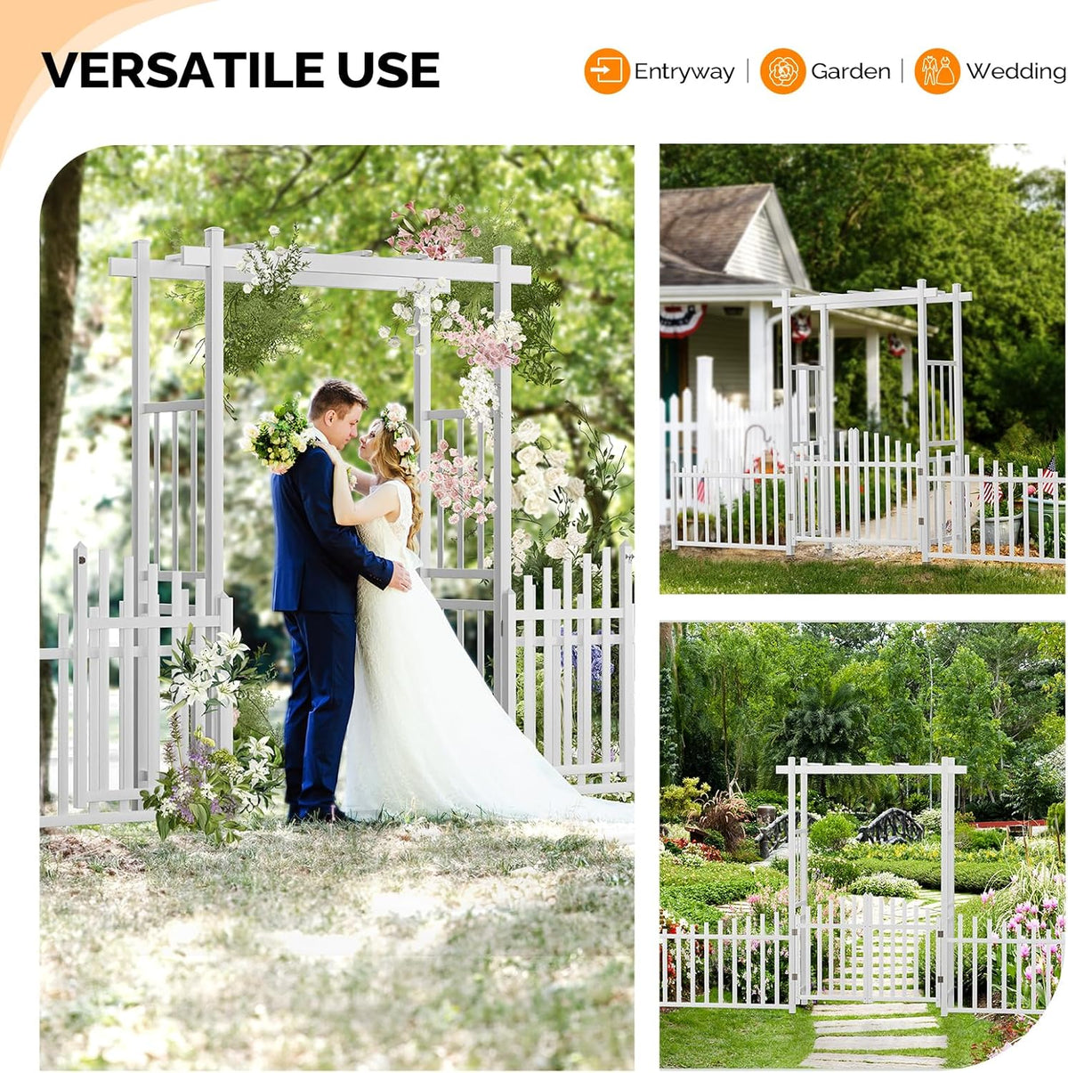 VINGLI Garden Arbor with Gate and Fence, PVC Wedding Arch for Ceremony Party, Garden Trellis for Climbing Plants Outdoor, Arch Backdrop Stand for Garden, Backyard, Lawn, Wedding