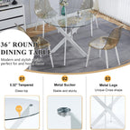 Modern Round Dining Table for 4, 36" Circle Glass Kitchen Dining Room Table with White Metal Cross Legs, Tempered Glass Tabletop, Perfect for Dinner Kitchen Living Dining Room