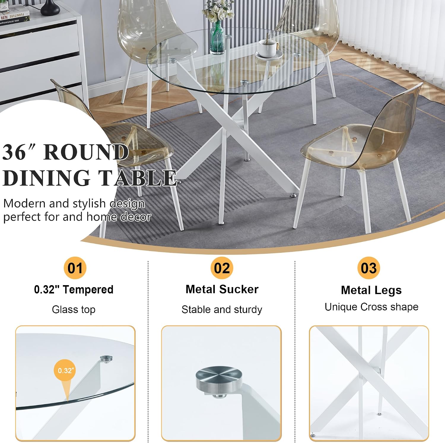 Modern Round Dining Table for 4, 36" Circle Glass Kitchen Dining Room Table with White Metal Cross Legs, Tempered Glass Tabletop, Perfect for Dinner Kitchen Living Dining Room