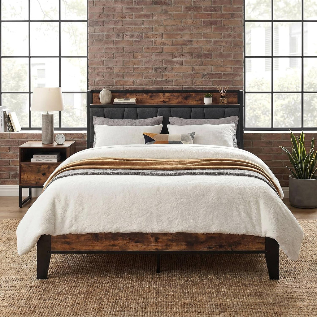 LIKIMIO Full Size Bed Frame with Storage Headboard and Charging Station