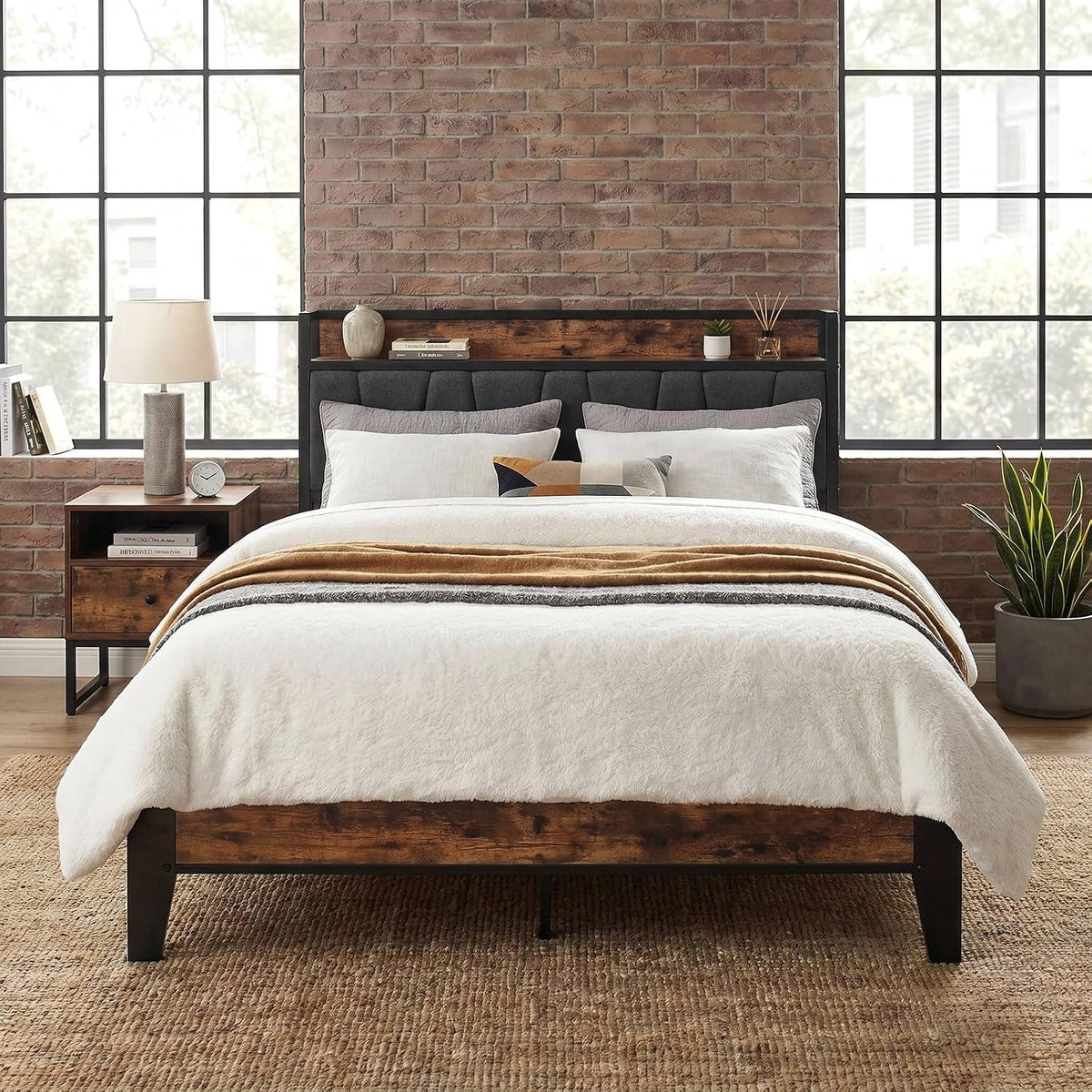 LIKIMIO Full Size Bed Frame with Storage Headboard and Charging Station