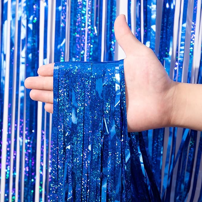 2 Pack Laser Blue Foil Fringe Backdrop Curtains, Tinsel Streamers Birthday Party Decorations, Fringe Backdrop for Graduation, Baby Shower, Gender Reveal, Disco Party