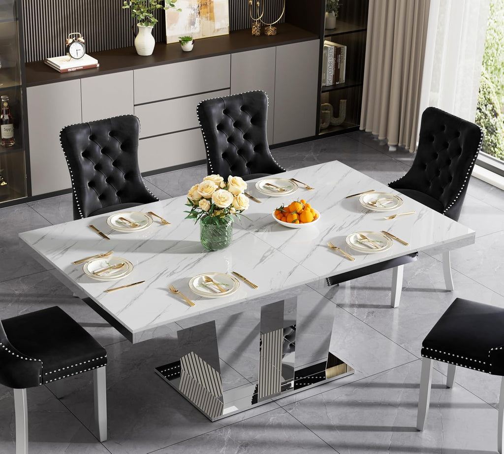 94 inch Extendable Dining Table for 6 8 10, Modern Expandable Kitchen Table with White Faux Marble Top & Silver Mirrored Base, Large Luxury Faux Marble Dining Room Table for Dinner Family Gathering