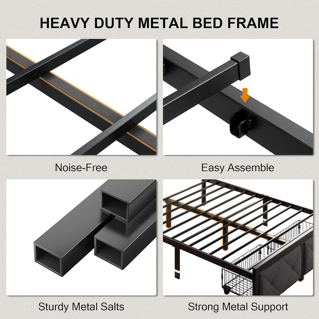 Einhomn Queen Bed Frame with 2 Storage Drawers, Metal Platform Bed with Charging Station, Upholstered Button Tufted Storage Headboard, No Box Spring Needed, Easy Assembly, Noise-Free, Grey