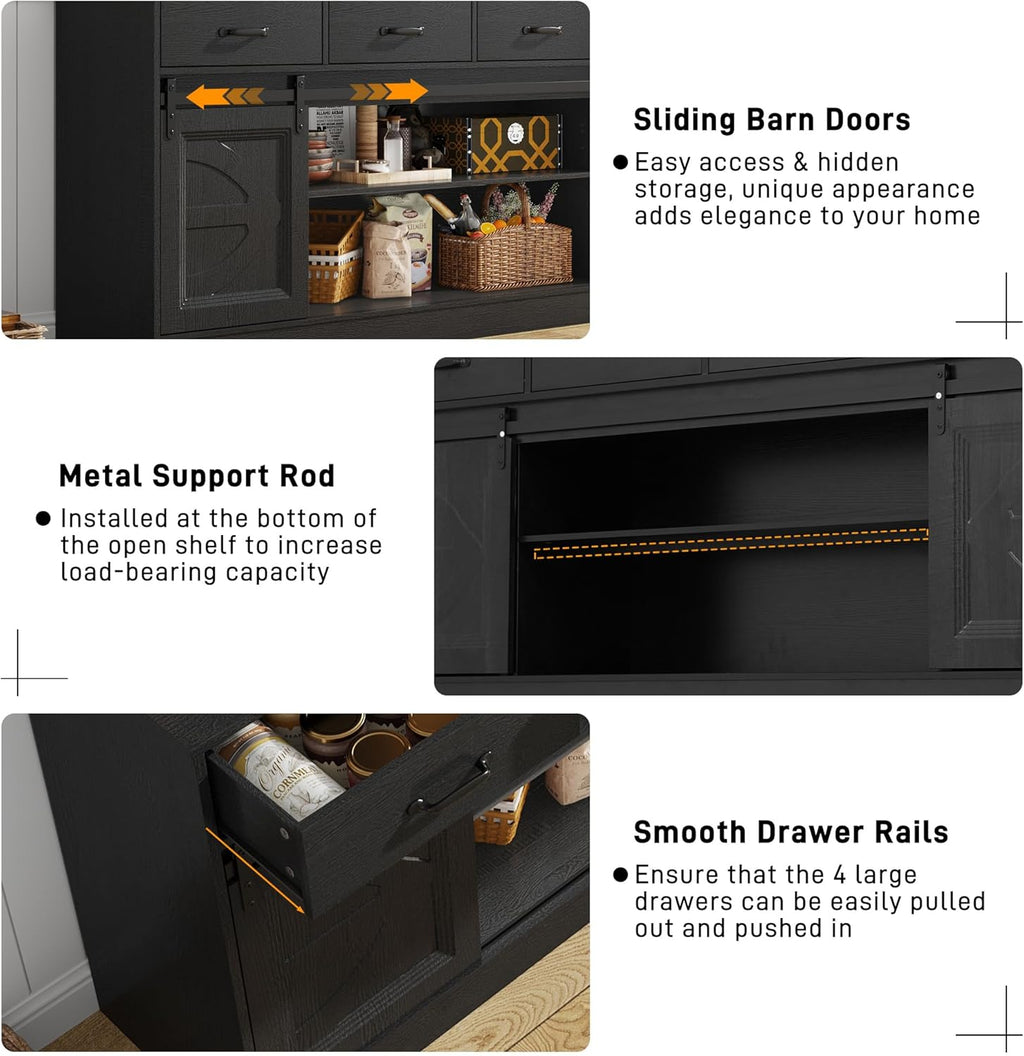 70” Large Buffet Sideboard Cabinet w/4 Drawer,Farmhouse Coffee Bar Cabinet Buffet with Storage,Sliding Door,Long Kitchen Buffet Table,Kitchen Sideboard Cabinet,Credenza for Dining Room,Black