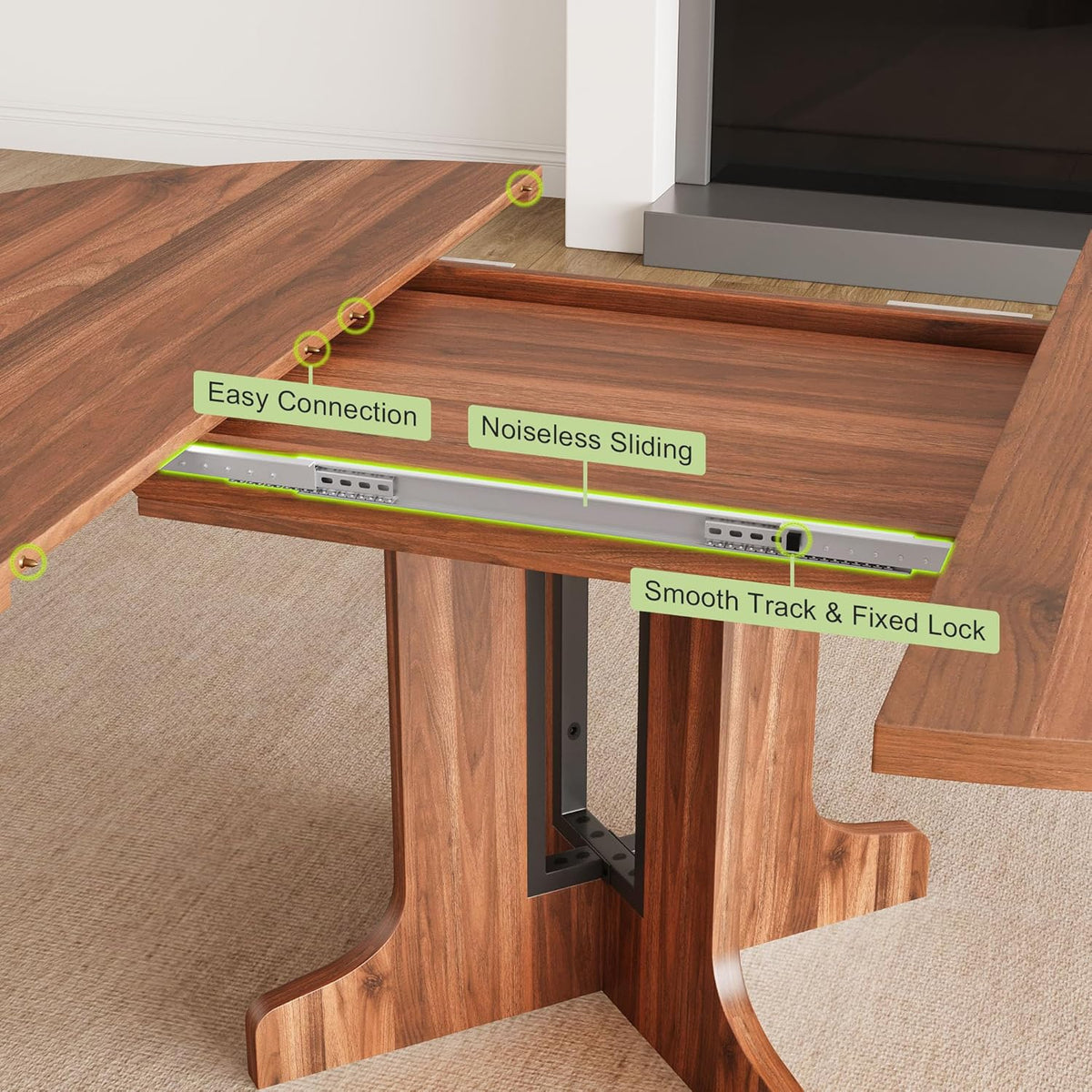 Feonase 59" Round Extendable Dining Room Table for 4-6, Modern Oval Kitchen Table with Heavy Duty Wood Base, Metal Frame Support, for Dining Kitchen Living Room, Easy Assembly, Noise-Free, Walnut
