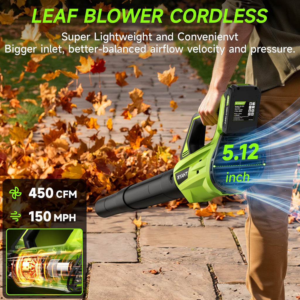 Leaf Blower Cordless, Leaf Blower with Battery and Charger - 2 Speed Modes, 2 Batteries, 20V Powerful Lightweight Electric Blowers for Blowing Leaves, Lawn Care, Patio, Green