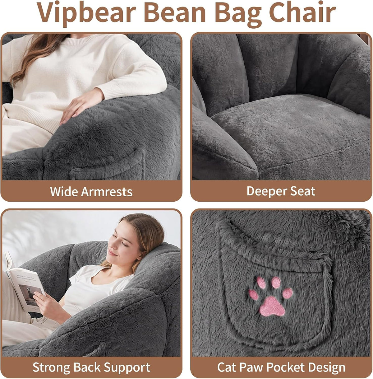 Vipbear Cat Paw Bean Bag Chair, Oversized Air-Cushion Sofa Chair Dark Gray | 39", air-cushion filling, cat paw Pocket, carry handle, oversized firm support, ergonomic, plush faux fur, gaming, reading
