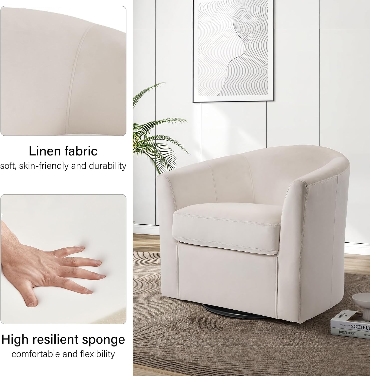 Swivel Accent Chair, Upholstered Velvet Barrel Armchair, Modern Round Single Sofa Seating Comfy Reading Corner Chairs for Living Room Bedroom, Fully Assembled (Velvet Ivory, Set of 2)